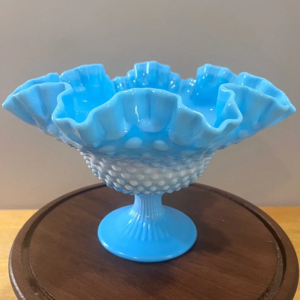 Vtg Fenton Blue Slag Hobnail Dbl Ruffled Pedestal Compote Bowl MCM Art Glass